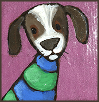 Painting by Lizzie magnet of a dog dressed in Seahawks color.