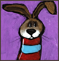 Painting by Lizzie magnet of a bunny in a red and blue sweater.