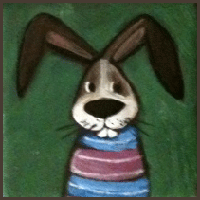 Painting by Lizzie magnet bunny dressed in a red and blue sweater.