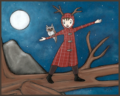 Painting by Lizzie of a tree nymph standing on a tree branch. An owl is resting on her arm.