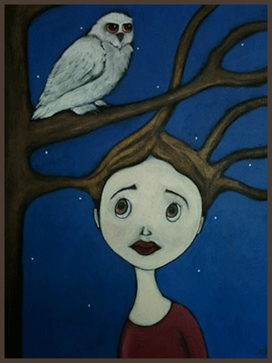 Painting by Lizzie of a tree nymph entwined with the branches of tree with an owl resting above.