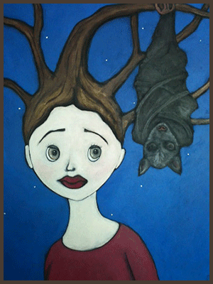 Painting by Lizzie of a tree nymph entwined with the branches of tree with a bat hanging from the branch.