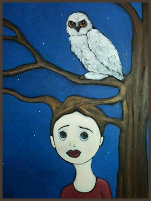 Painting by Lizzie of a tree nymph entwined with the branches of tree. An owl is resting above.