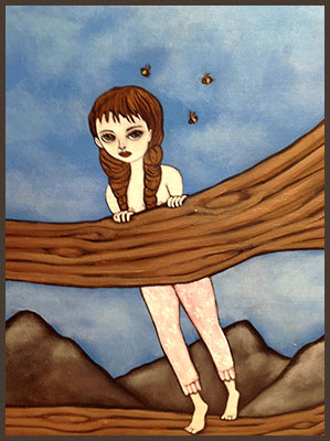 Painting by Lizzie of a tree nymph hiding standing a tree log with bees flying near by.