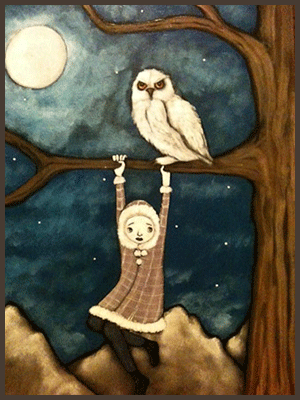 Painting by Lizzie of a tree nymph hanging from a tree branch. An owl is sitting on the branch.