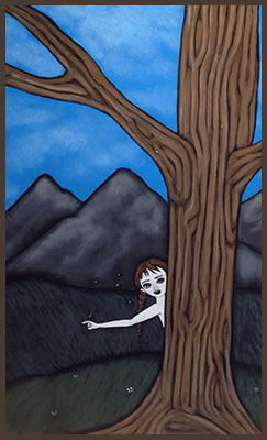 Painting by Lizzie of a tree nymph hiding behind a tree.