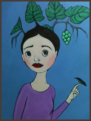 Painting by Lizzie of a tree nymph with grape leaves growing from her hair. Hummingbird sitting on her finger.