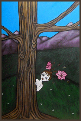 Painting by Lizzie of a tree nymph hiding behind a tree a a meadow of flowers.