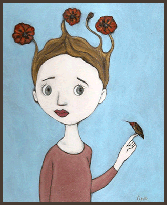 Painting by Lizzie of a girl with flowers growing from her hair. A hummingbird resting on her finger.