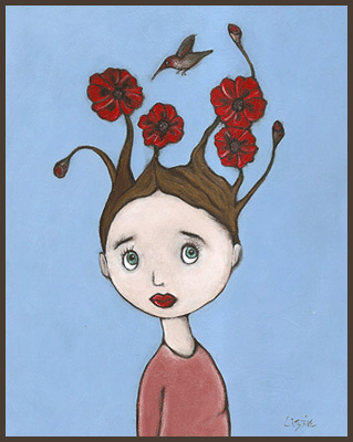 Painting by Lizzie of a girl with flowers growing from her hair. A hummingbird coming in for a drink of nector.