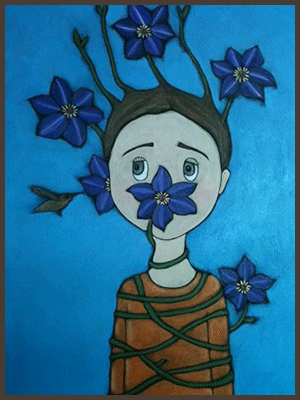 Painting by Lizzie of a girl entwined with flowers.