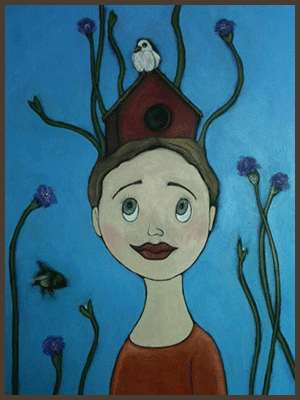 Painting by Lizzie of a girl entwined with flowers and a bird house sitting on her head.
