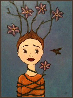 Painting by Lizzie of a girl entwined with flowers.