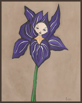 Painting by Lizzie of a girl inside a purple iris flower.