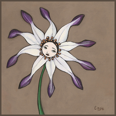 Painting by Lizzie of a girl inside a purple flower.