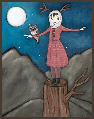 Painting by Lizzie of a tree nymph standing on a tree trunk. An owl is resting on her arm.