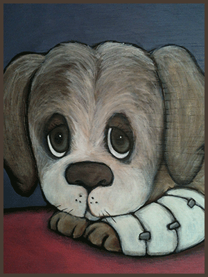 Painting by Lizzie of a rescued puppy with a broken paw.