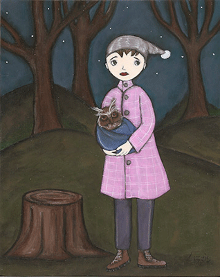 Painting by Lizzie girl in her pink coat and hat cradling an owl.