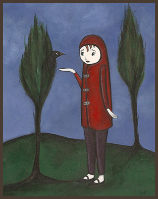 Painting by Lizzie of a girl in a red coat standing next to a tree. She is holding out her hand hoping the bird will jump onto her hand.