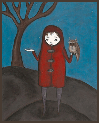 Painting by Lizzie of a girl in her red coat standing outside next to a tree. She is holding an owl in her hand.