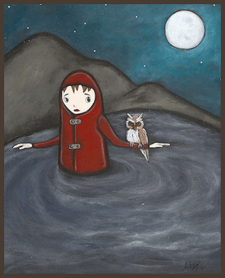 Painting by Lizzie of a girl in her red winter coat rescuing an owl. They are wading across a lake at night.