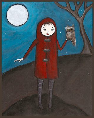 Painting by Lizzie of a girl in her red winter coat holding an owl in her hand.