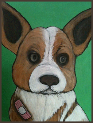 Painting by Lizzie of a dog with a bandage on his chest.