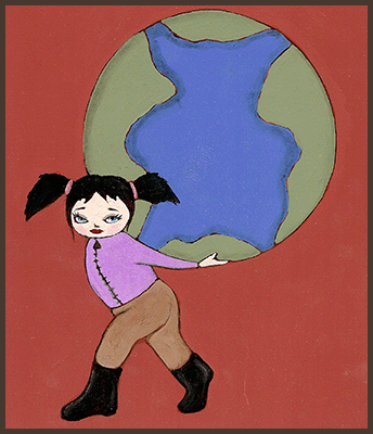 Painting by Lizzie of a girl protecting the earth.