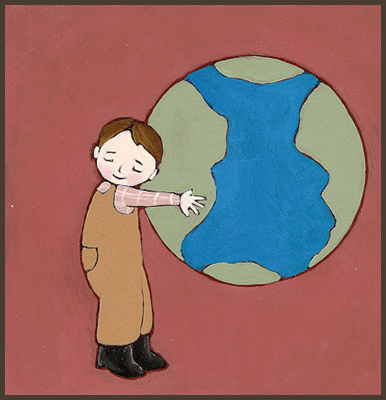 Painting by Lizzie of a boy protecting the earth.
