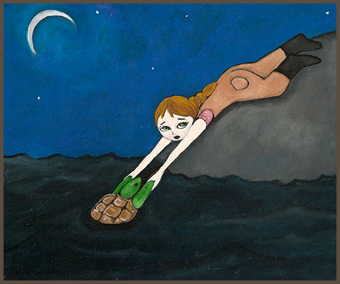 Painting by Lizzie of a girl rescuing a turtle from the oil spill
