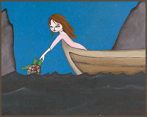 Painting by Lizzie of a girl in a boat rescuing a turtle from the oil spill