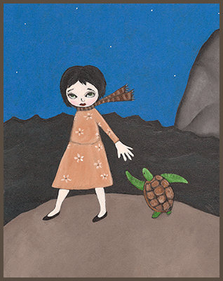 Painting by Lizzie of a girl rescuing a turtle from the oil spill