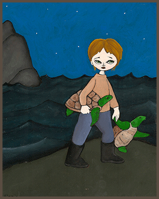 Painting by Lizzie of a girl rescuing turtles from the oil spill