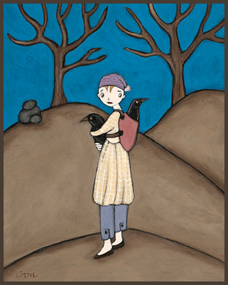 Painting by Lizzie of a girl rescuing a couple of birds.